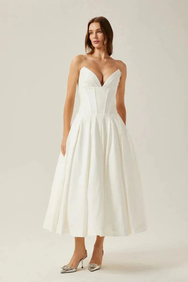 Amelia | Women's Strapless Corset Flared Midi Christmas Party Dress
