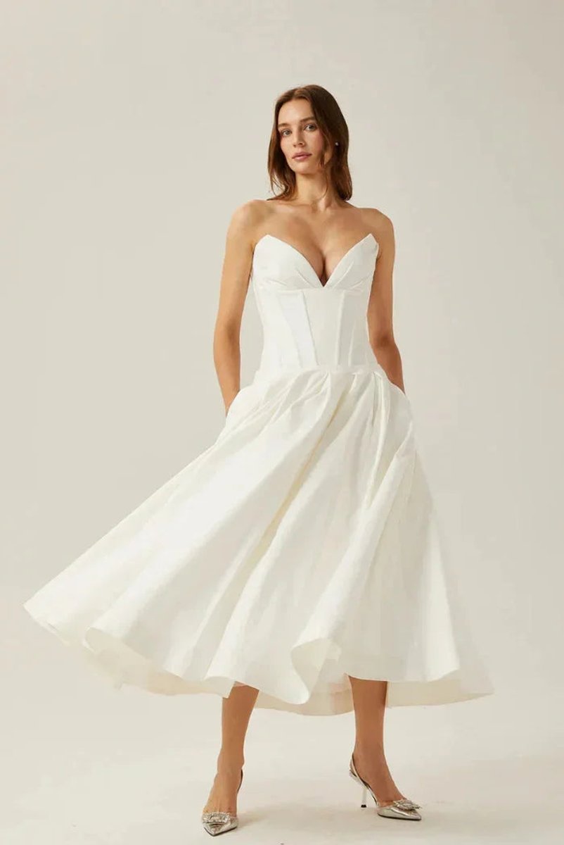 Amelia | Women's Strapless Corset Flared Midi Christmas Party Dress