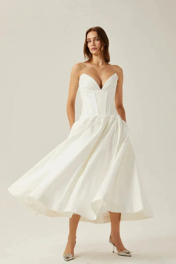 Amelia | Women's Strapless Corset Flared Midi Christmas Party Dress