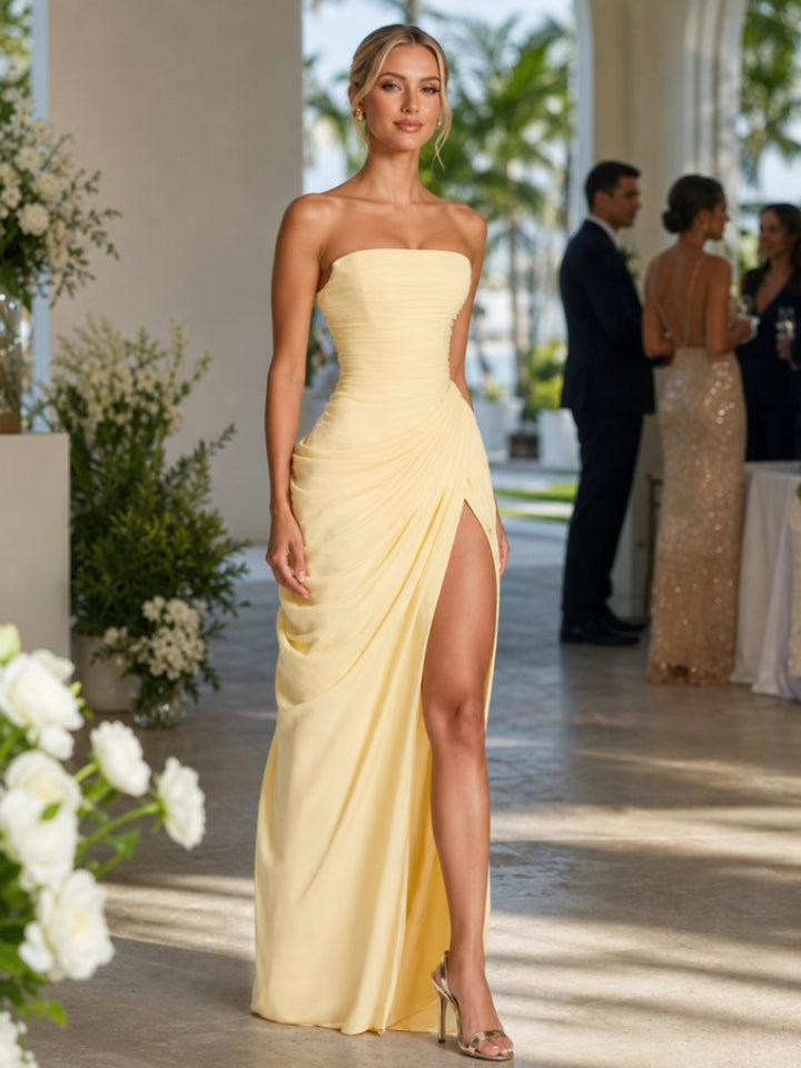 Ivy | Women's Strapless Draped High-Slit Christmas Party Maxi Dress