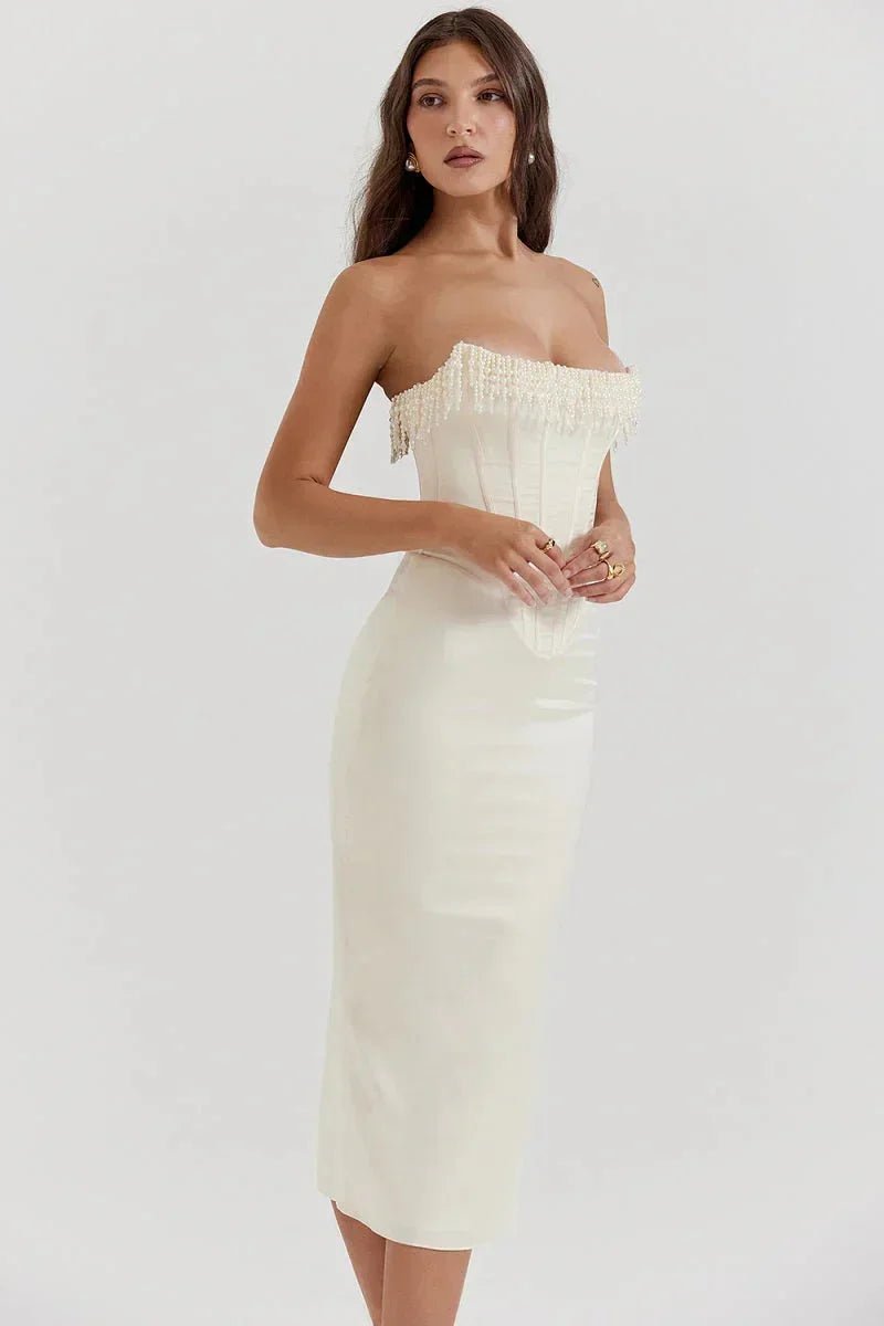Lily | Women's Strapless Pearl-Trim Corset Midi Christmas Party Dress