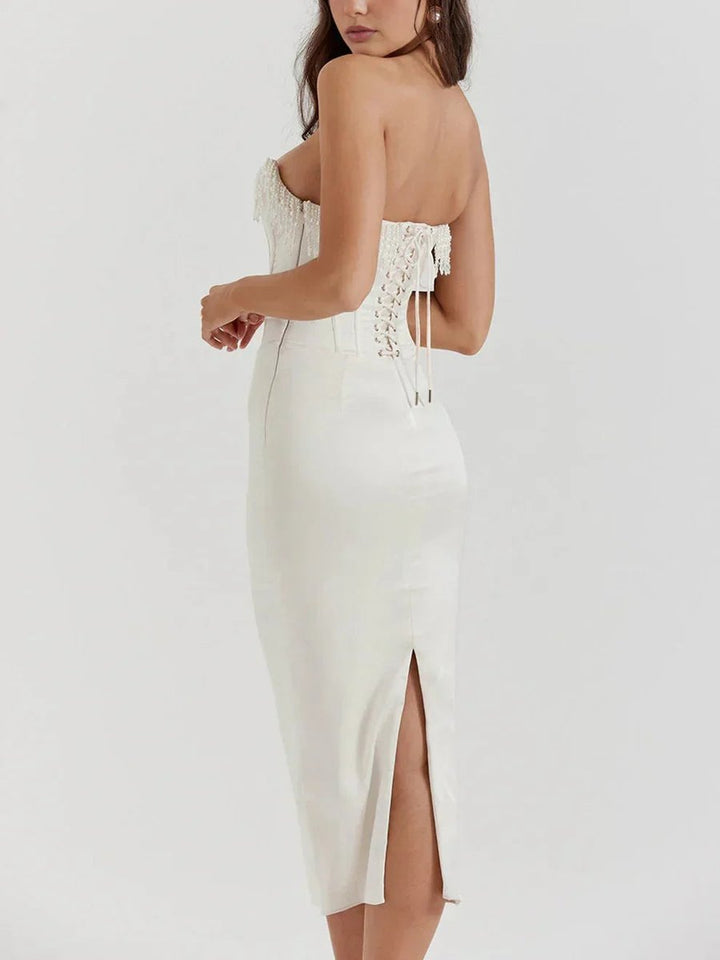 Lily | Women's Strapless Pearl-Trim Corset Midi Christmas Party Dress