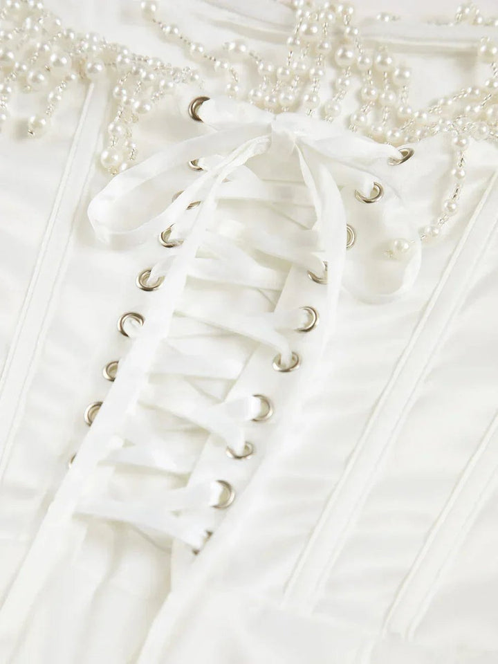 Lily | Women's Strapless Pearl-Trim Corset Midi Christmas Party Dress
