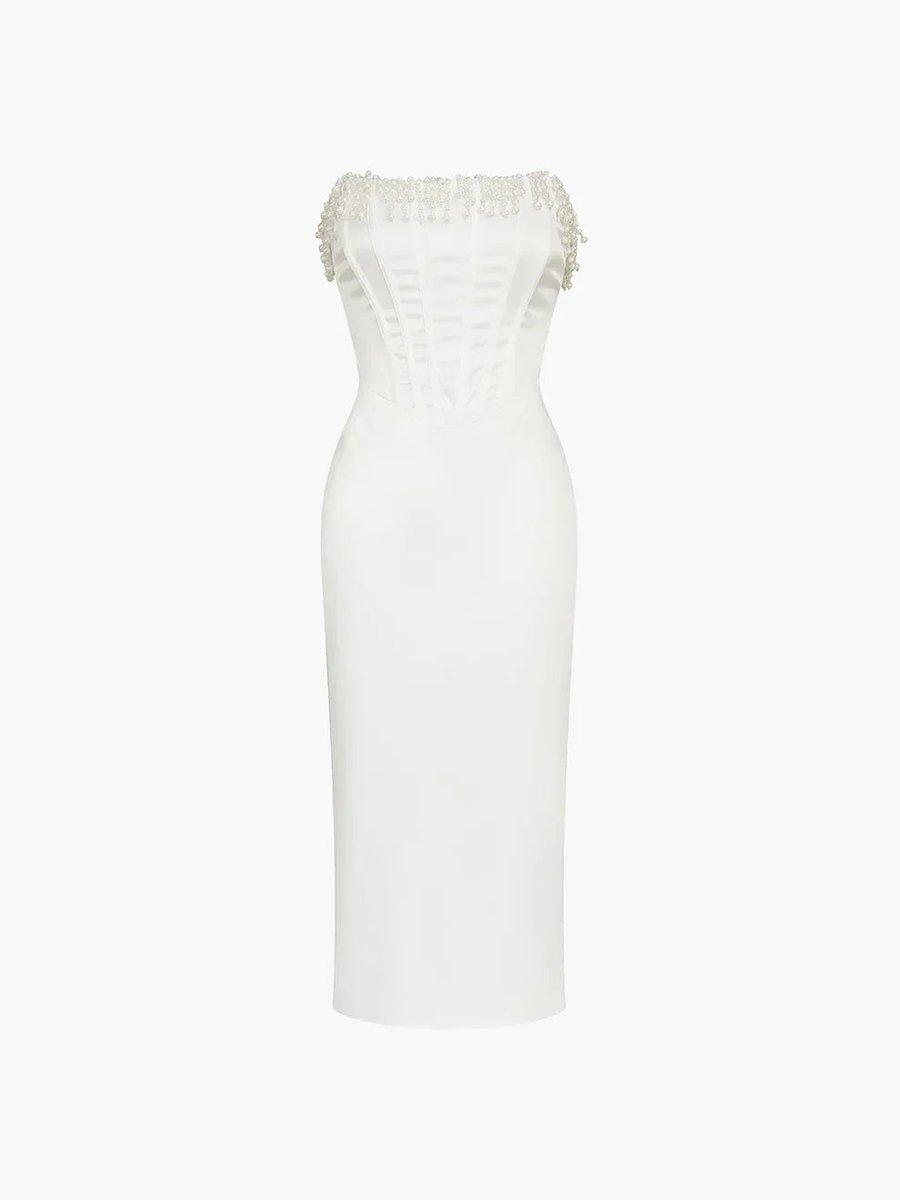 Lily | Women's Strapless Pearl-Trim Corset Midi Christmas Party Dress