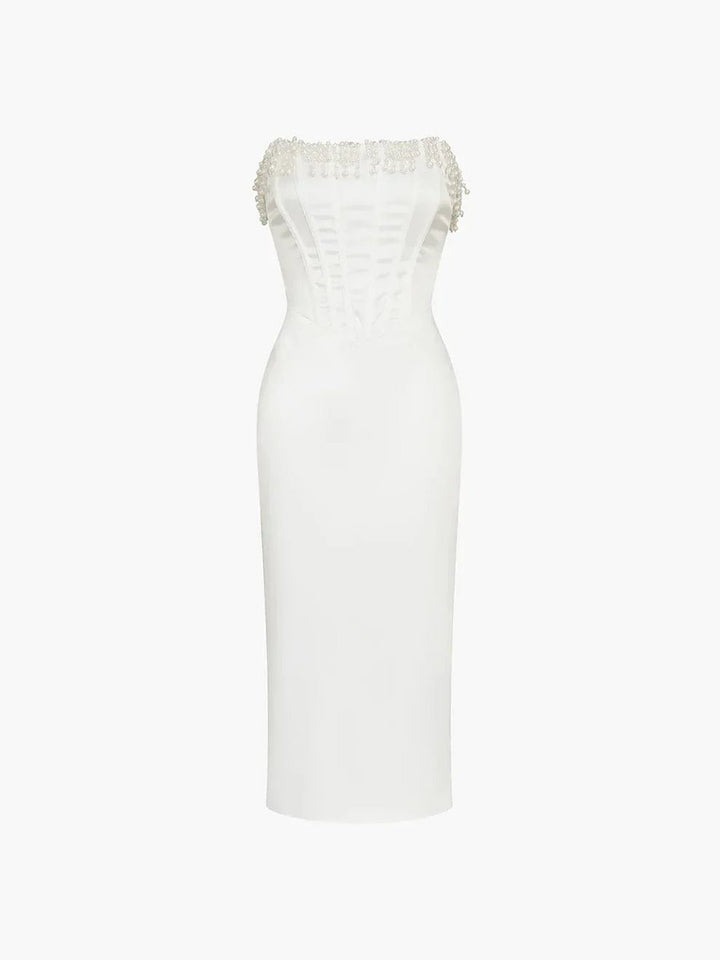 Lily | Women's Strapless Pearl-Trim Corset Midi Christmas Party Dress