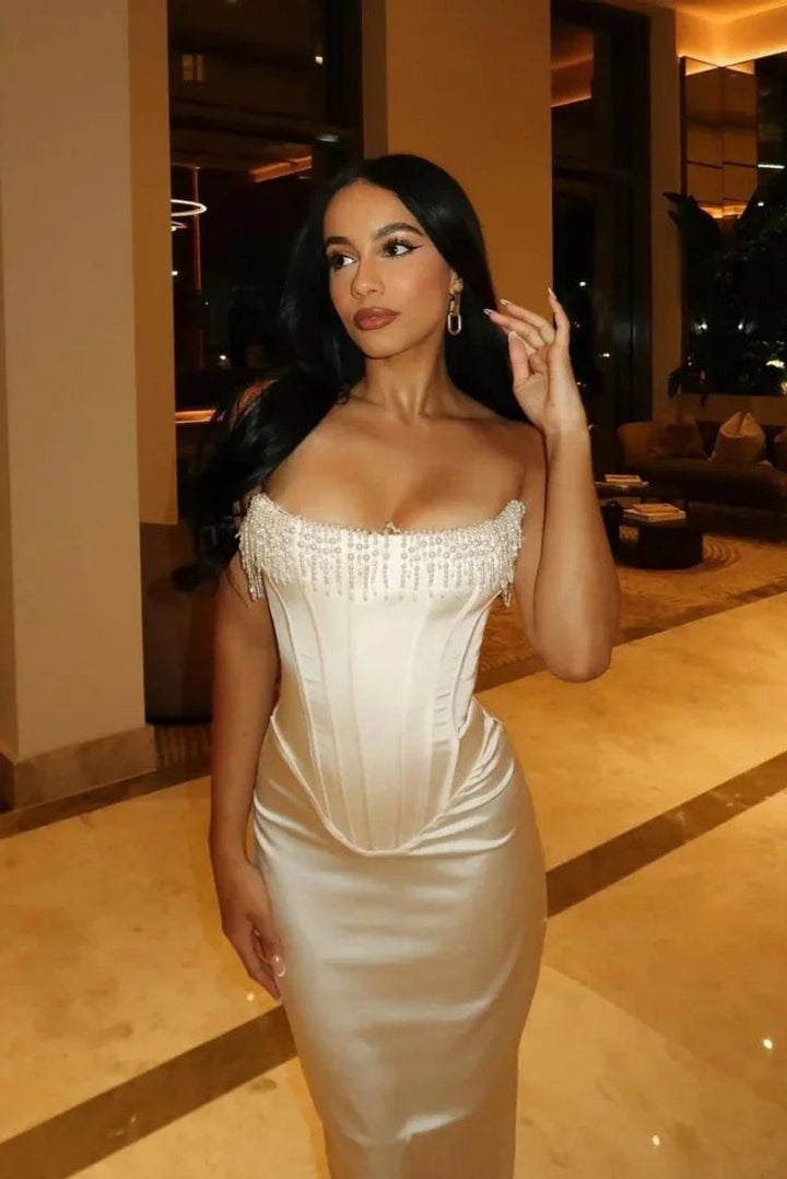 Lily | Women's Strapless Pearl-Trim Corset Midi Christmas Party Dress