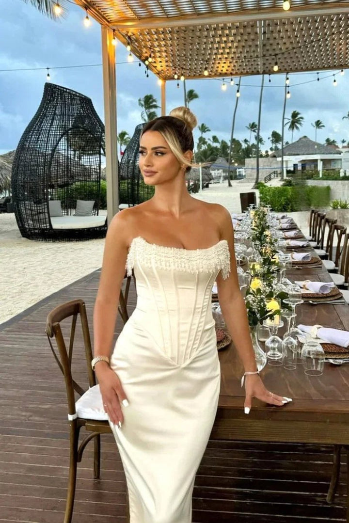 Lily | Women's Strapless Pearl-Trim Corset Midi Christmas Party Dress