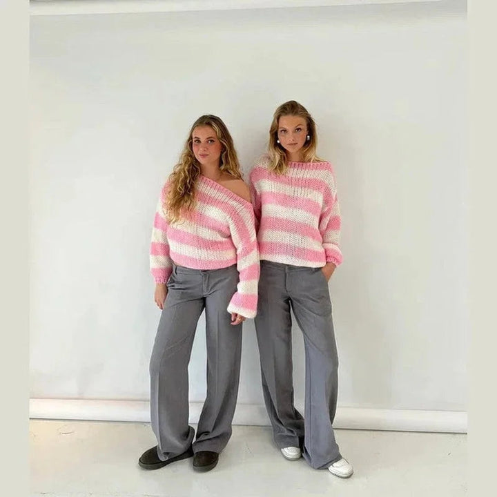 Rosie | Women's Striped Chunky Knit Jumper Crew Neck Relaxed Fit