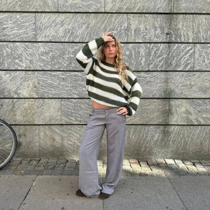 Rosie | Women's Striped Chunky Knit Jumper Crew Neck Relaxed Fit