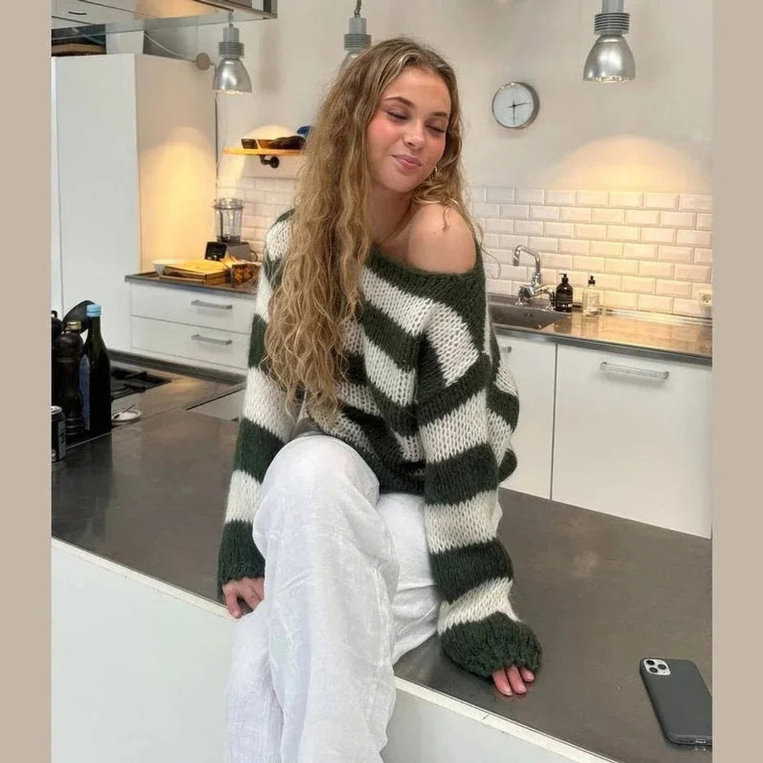 Rosie | Women's Striped Chunky Knit Jumper Crew Neck Relaxed Fit