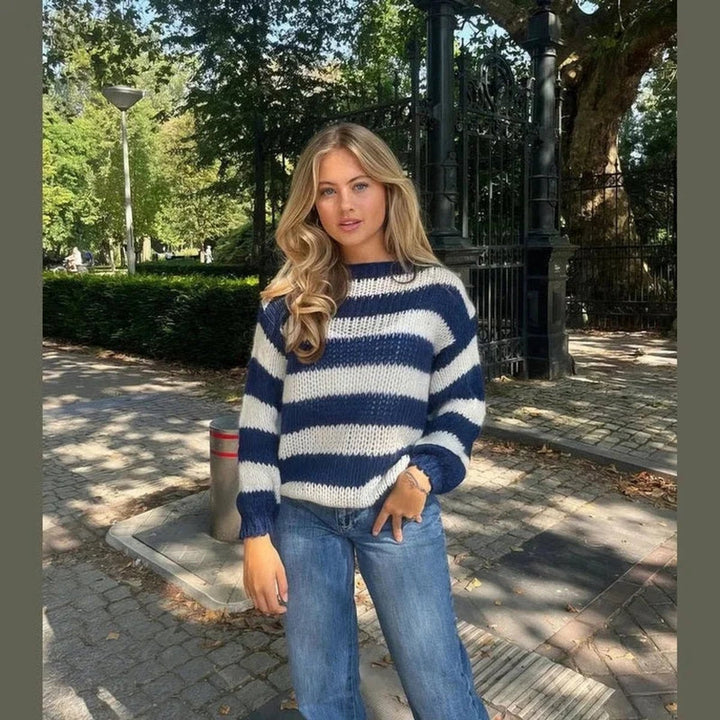 Rosie | Women's Striped Chunky Knit Jumper Crew Neck Relaxed Fit
