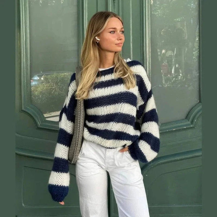 Rosie | Women's Striped Chunky Knit Jumper Crew Neck Relaxed Fit