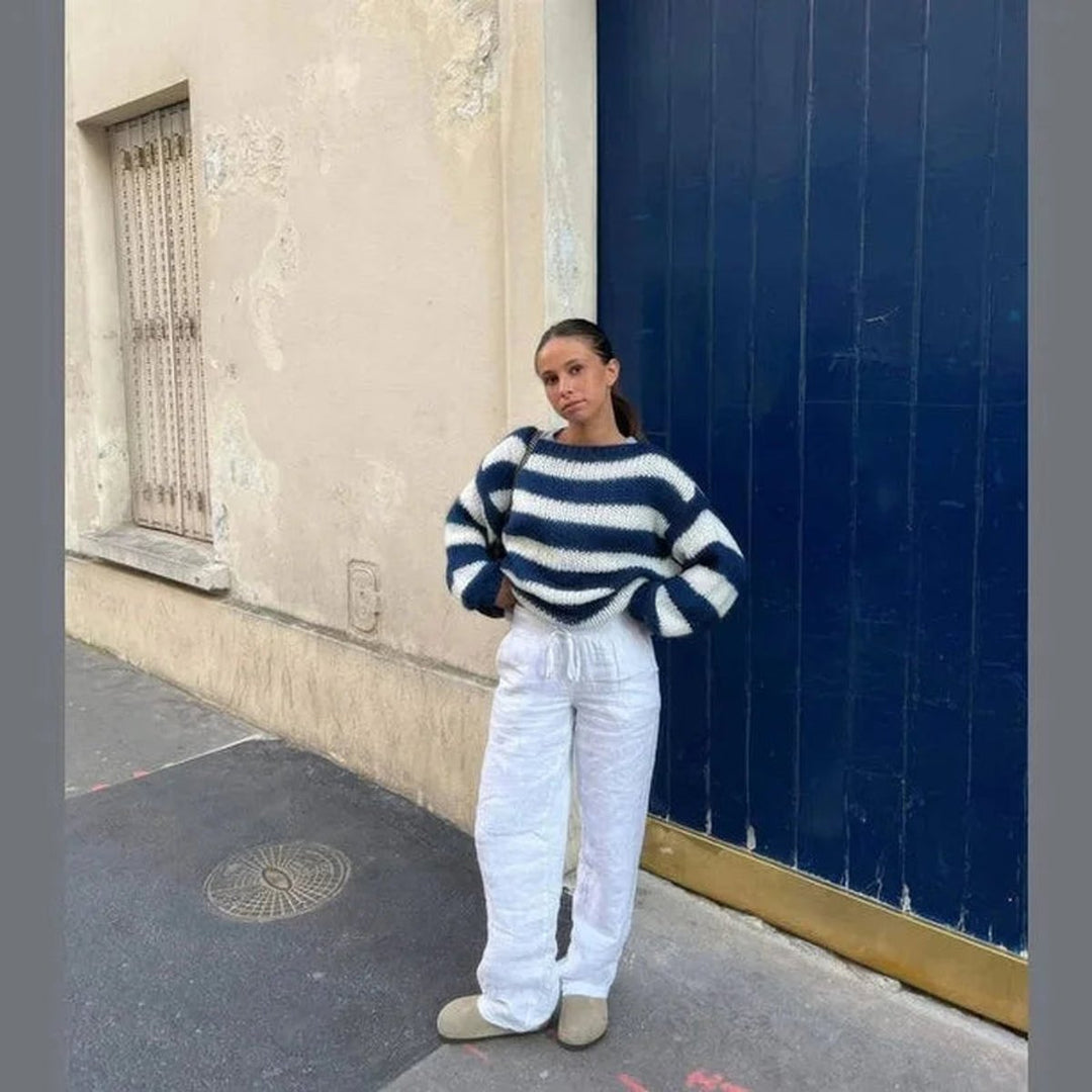 Rosie | Women's Striped Chunky Knit Jumper Crew Neck Relaxed Fit