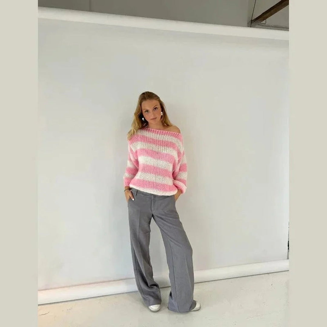 Rosie | Women's Striped Chunky Knit Jumper Crew Neck Relaxed Fit