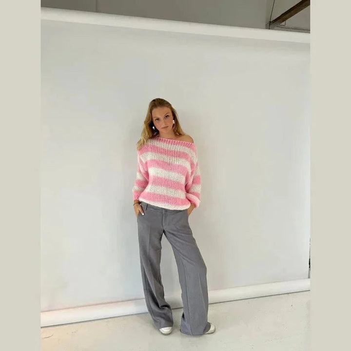 Rosie | Women's Striped Chunky Knit Jumper Crew Neck Relaxed Fit