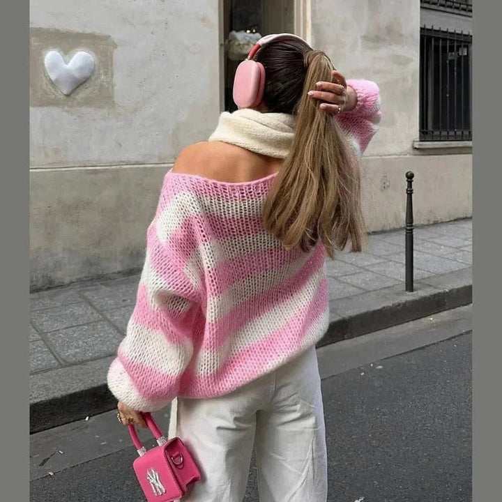 Rosie | Women's Striped Chunky Knit Jumper Crew Neck Relaxed Fit