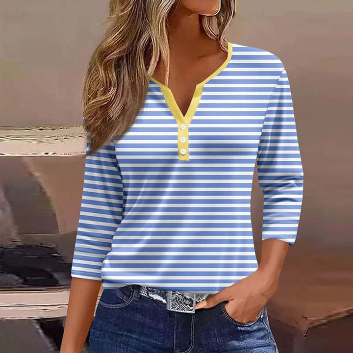 Ella | Women's Striped Henley Top Contrast Button Placket V-Neck