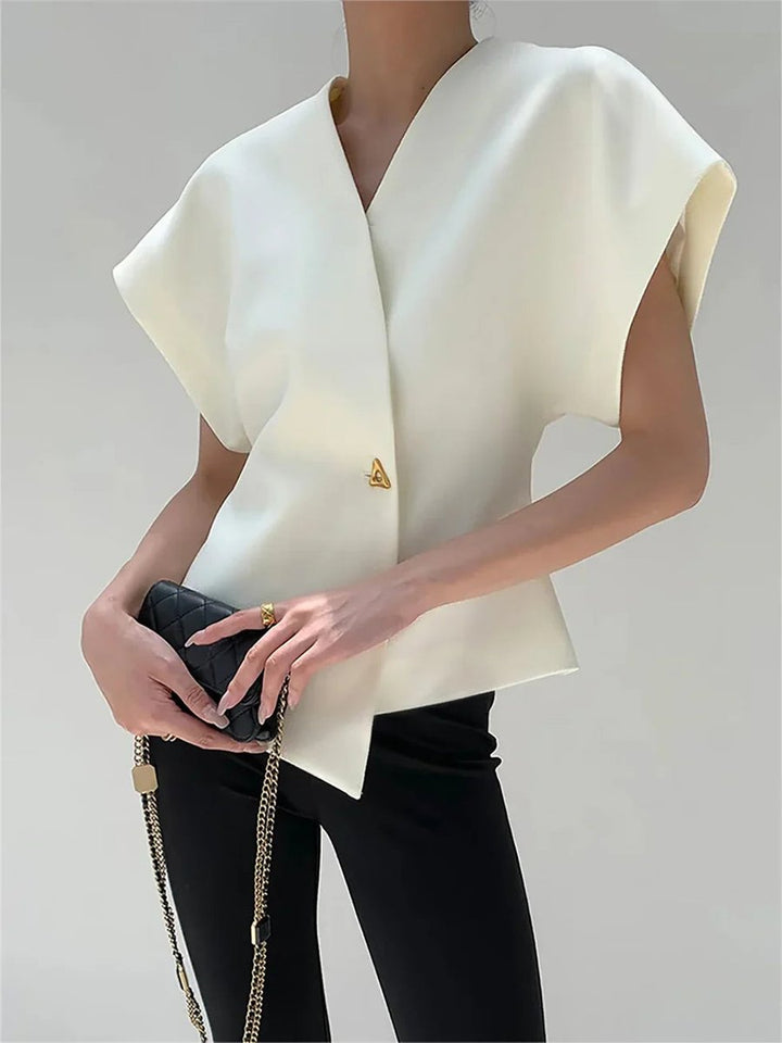 Isla | Women's Structured Blouse Asymmetric Hem Single Button Cape Sleeves