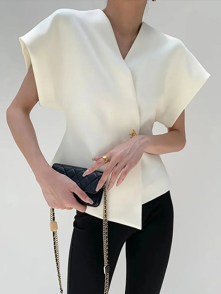 Isla | Women's Structured Blouse Asymmetric Hem Single Button Cape Sleeves
