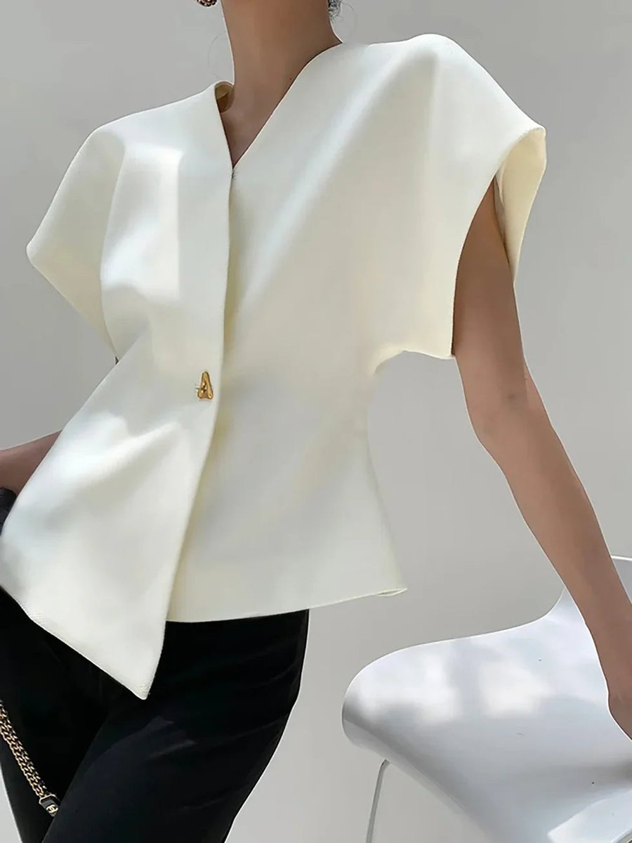 Isla | Women's Structured Blouse Asymmetric Hem Single Button Cape Sleeves
