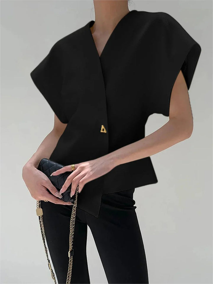 Isla | Women's Structured Blouse Asymmetric Hem Single Button Cape Sleeves