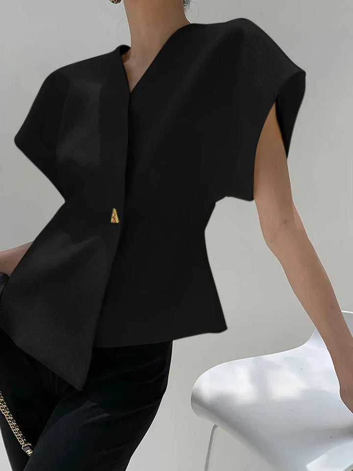 Isla | Women's Structured Blouse Asymmetric Hem Single Button Cape Sleeves
