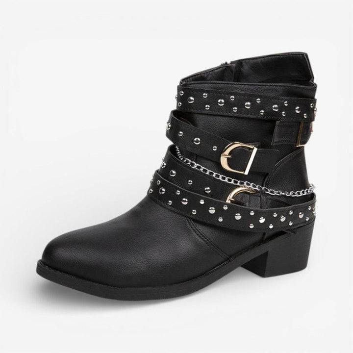 Ava | Women's Studded Buckle-Strap Block-Heel Ankle Boots