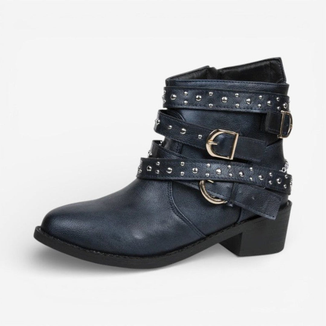 Ava | Women's Studded Buckle-Strap Block-Heel Ankle Boots