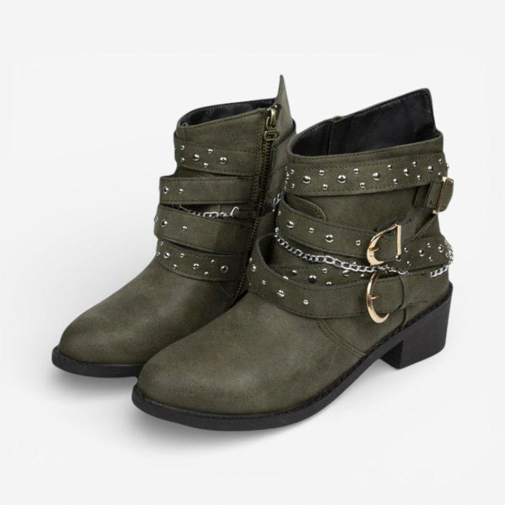 Ava | Women's Studded Buckle-Strap Block-Heel Ankle Boots
