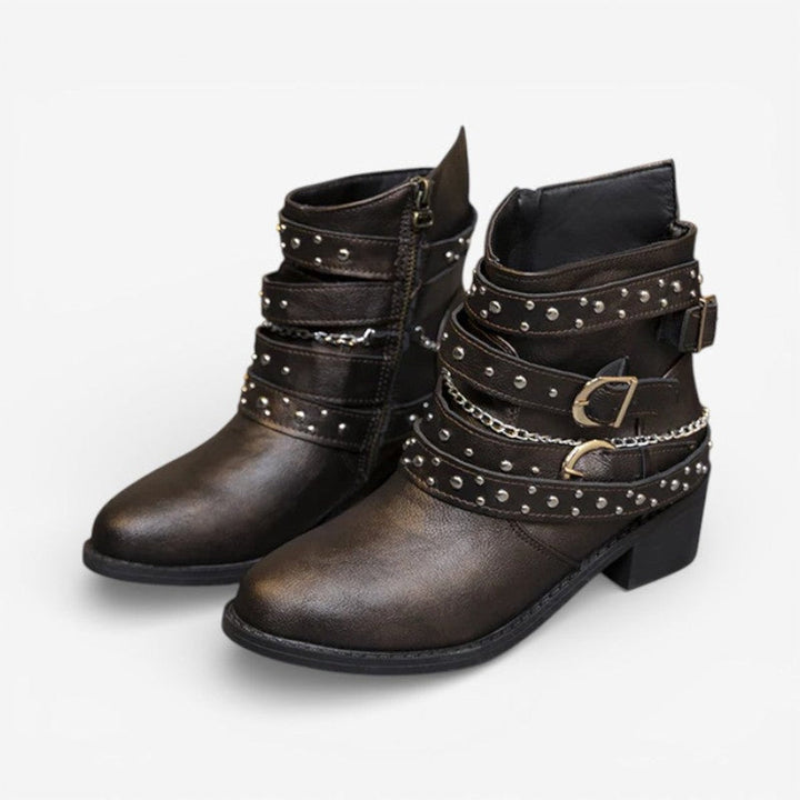 Ava | Women's Studded Buckle-Strap Block-Heel Ankle Boots