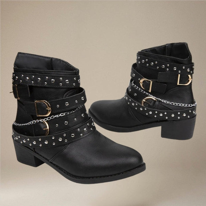 Ava | Women's Studded Buckle-Strap Block-Heel Ankle Boots