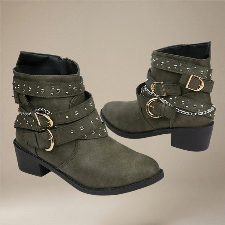 Ava | Women's Studded Buckle-Strap Block-Heel Ankle Boots