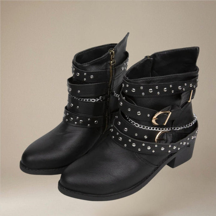 Ava | Women's Studded Buckle-Strap Block-Heel Ankle Boots