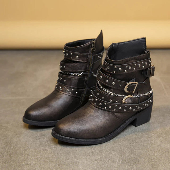Ava | Women's Studded Buckle-Strap Block-Heel Ankle Boots