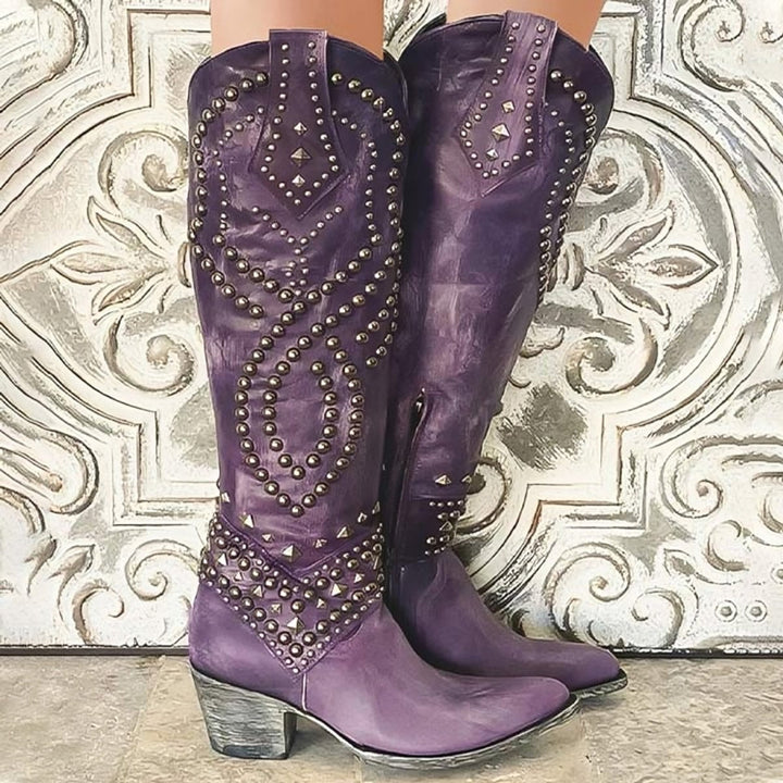 Olivia | Women's Studded Knee-High Block-Heel Leather Boots