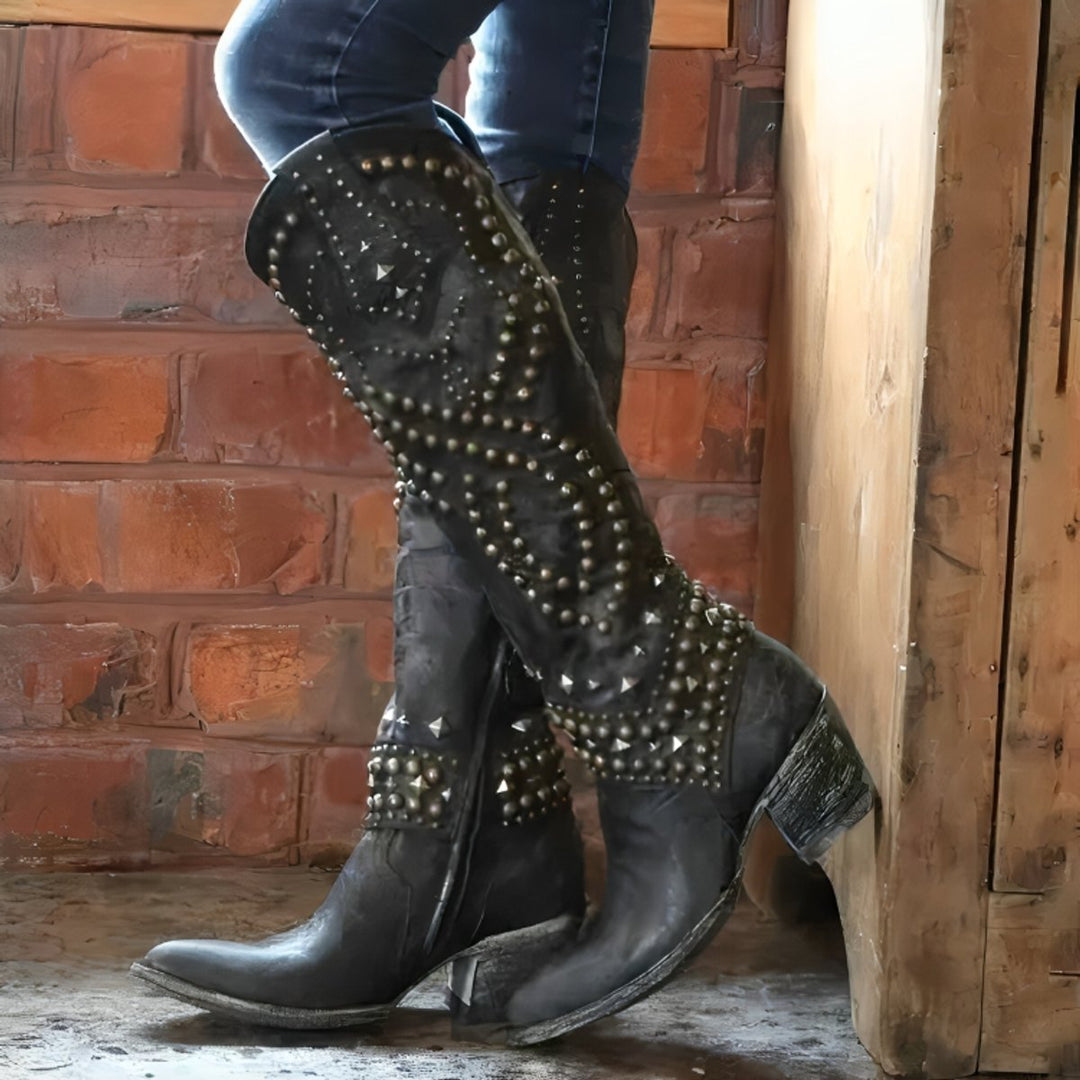 Olivia | Women's Studded Knee-High Block-Heel Leather Boots