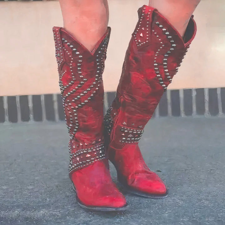 Olivia | Women's Studded Knee-High Block-Heel Leather Boots