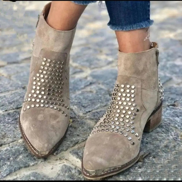 Ella | Women's Studded Suede Block-Heel Ankle Boots Pointed Toe
