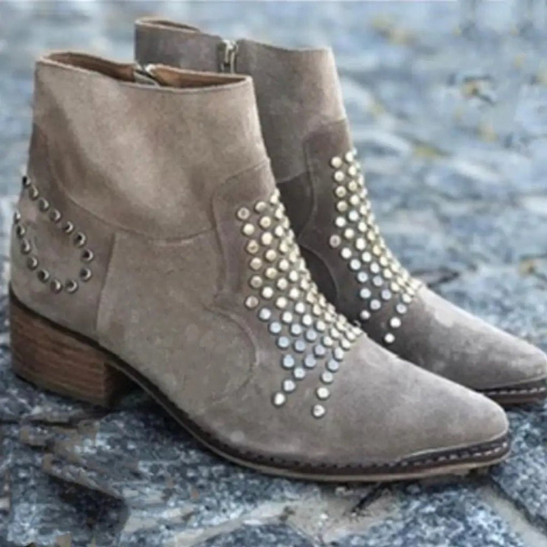 Ella | Women's Studded Suede Block-Heel Ankle Boots Pointed Toe