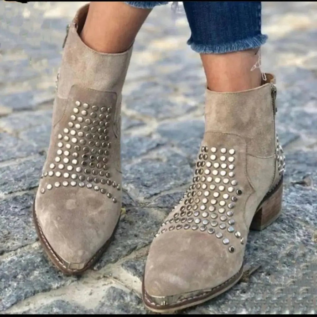 Mia | Women's Studded Suede Block-Heel Ankle Boots Side-Zip Pointed Toe
