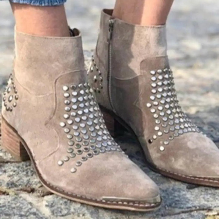 Mia | Women's Studded Suede Block-Heel Ankle Boots Side-Zip Pointed Toe