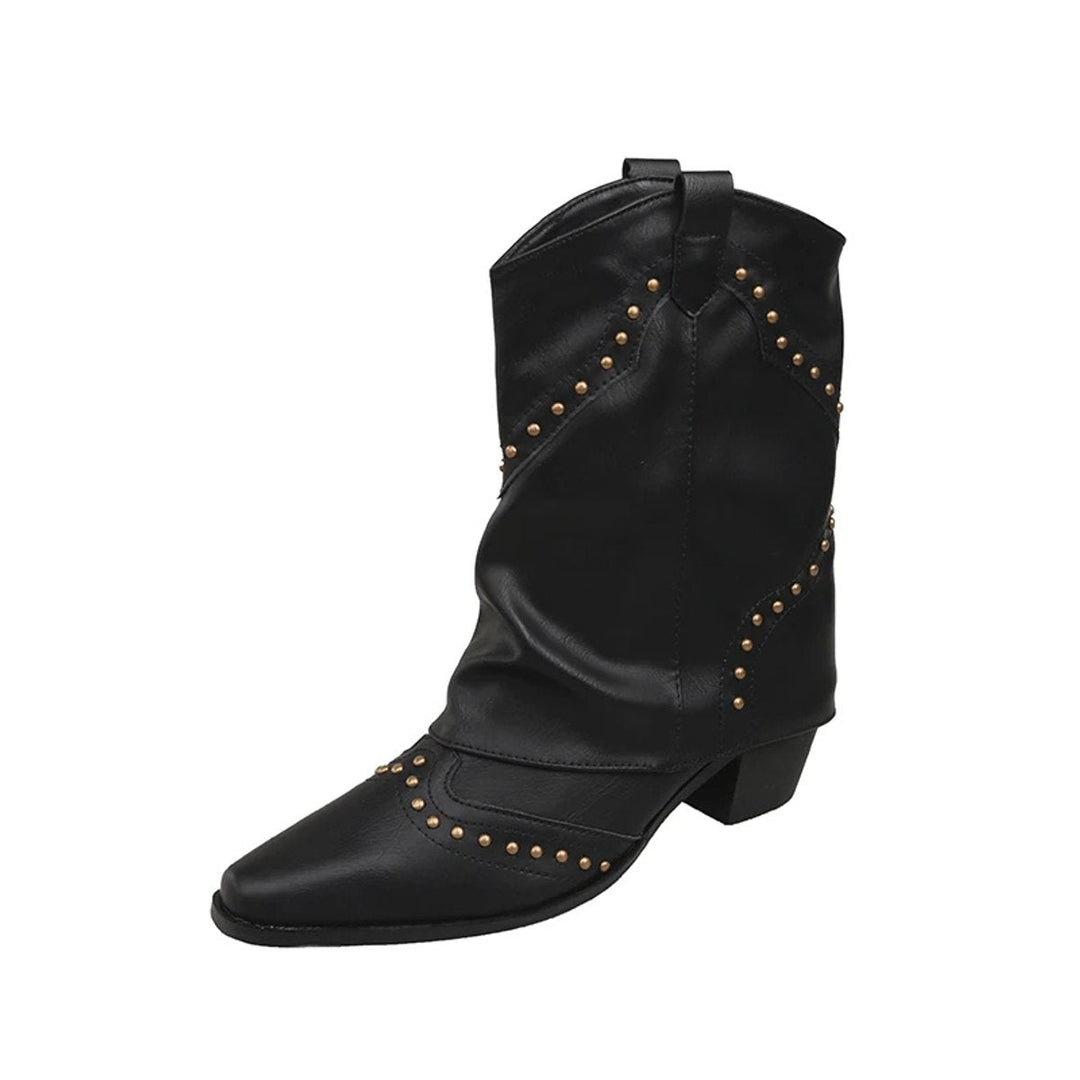 Lily | Women's Studded Western Heeled Ankle Boots Block-Heel Mid-Calf