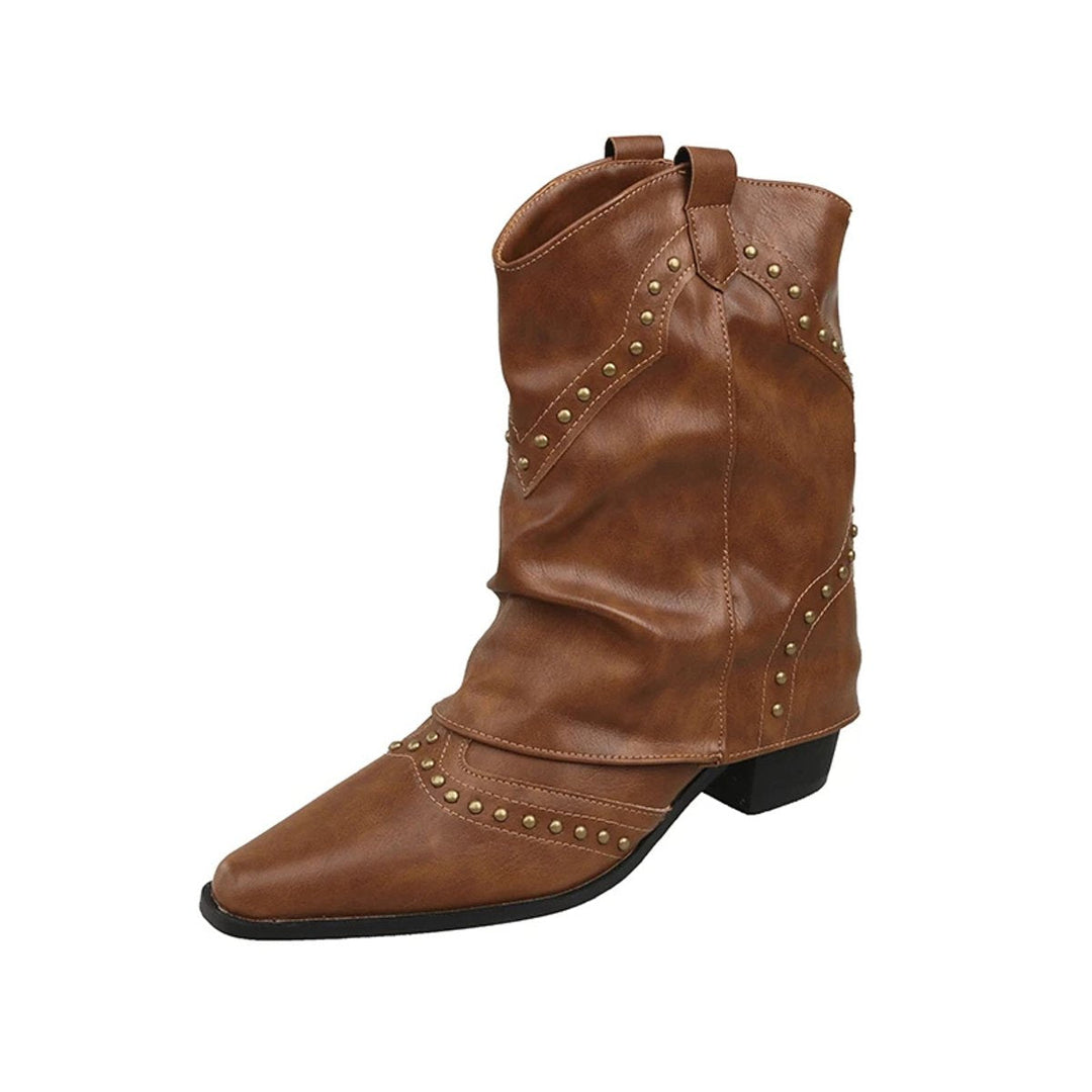 Lily | Women's Studded Western Heeled Ankle Boots Block-Heel Mid-Calf