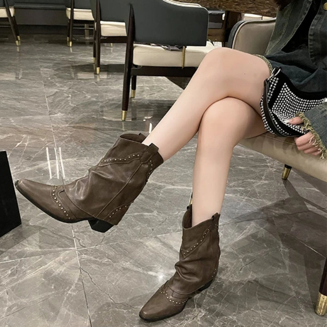 Lily | Women's Studded Western Heeled Ankle Boots Block-Heel Mid-Calf