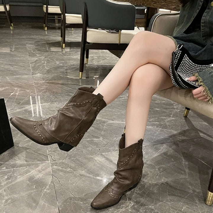 Lily | Women's Studded Western Heeled Ankle Boots Block-Heel Mid-Calf