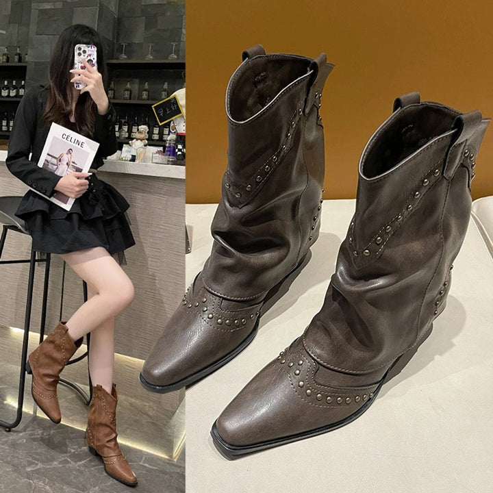 Lily | Women's Studded Western Heeled Ankle Boots Block-Heel Mid-Calf