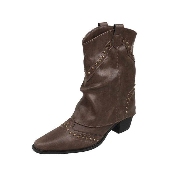 Lily | Women's Studded Western Heeled Ankle Boots Block-Heel Mid-Calf