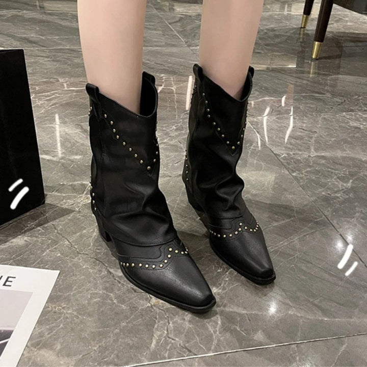 Lily | Women's Studded Western Heeled Ankle Boots Block-Heel Mid-Calf