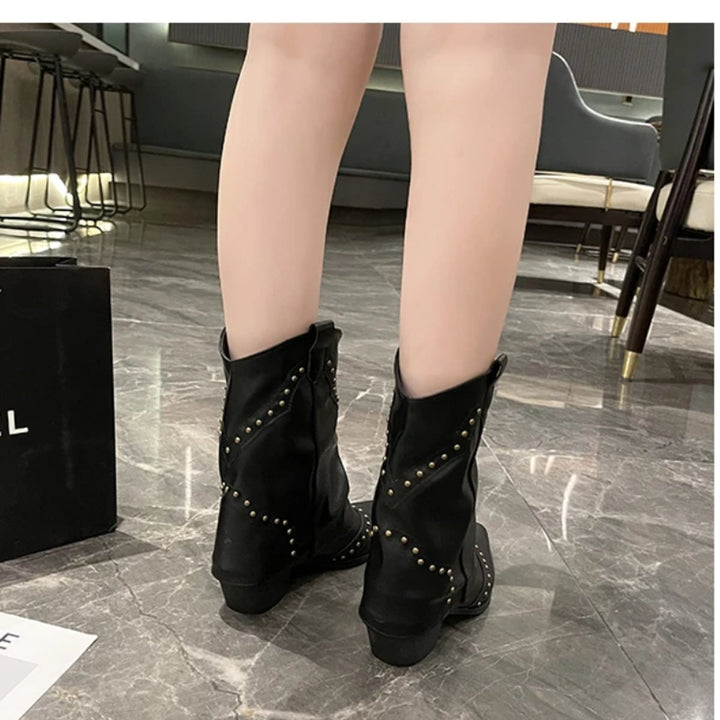 Lily | Women's Studded Western Heeled Ankle Boots Block-Heel Mid-Calf