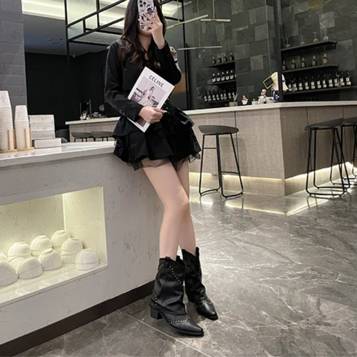 Lily | Women's Studded Western Heeled Ankle Boots Block-Heel Mid-Calf
